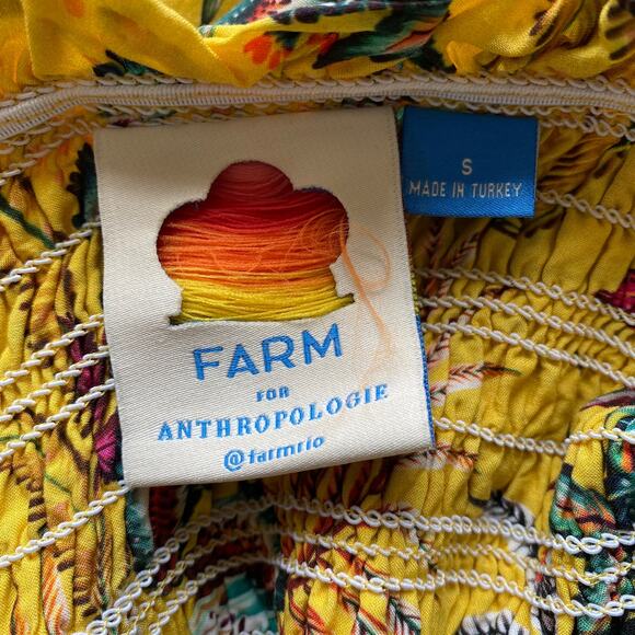 Farm Rio For Anthropologie Bria Yellow Floral Smocked Off The Shoulder Dress S - Picture 6 of 6